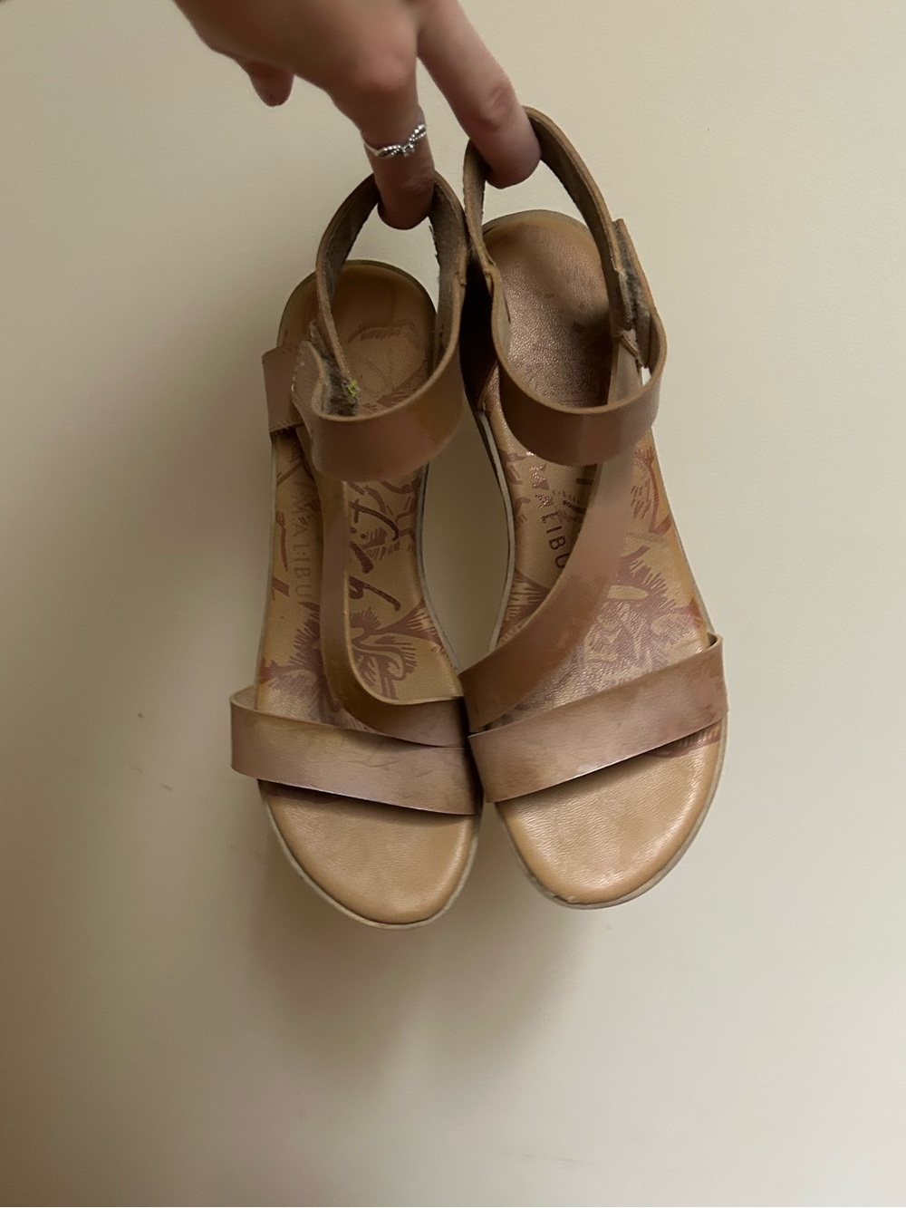 Women's Tan Leather Wedge Sandals with Slingback Strap